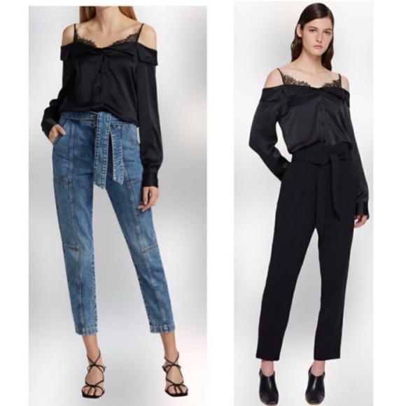 JONATHAN SIMKHAI Caylee Silk Lace Plisse Off Shoulder  Button Down Blouse Top - Picture 3 of 16